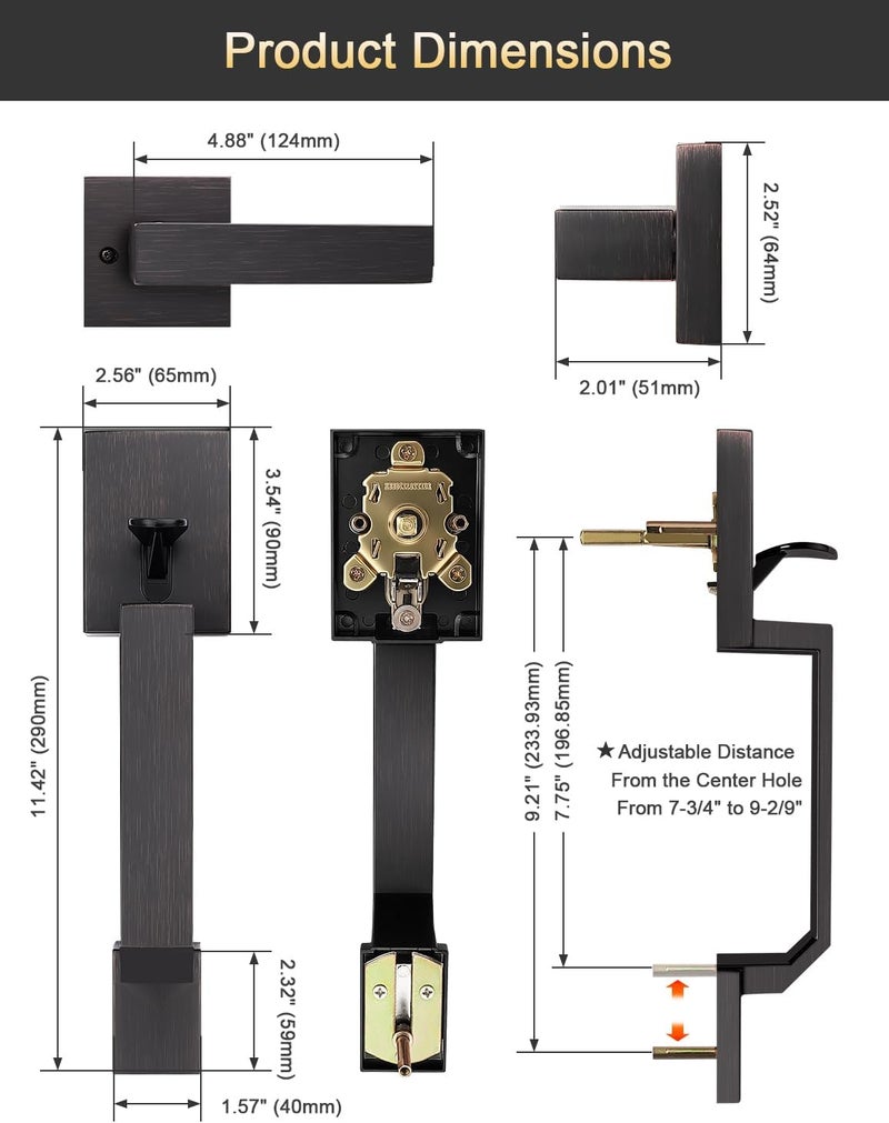Tinewa Square Oil Rubbed Bronze Front Door Handle with Classic Door Lever, Upgrated Exterior Door Entry Handle No Lock, Reversible for Left & Right Handed - Image 5